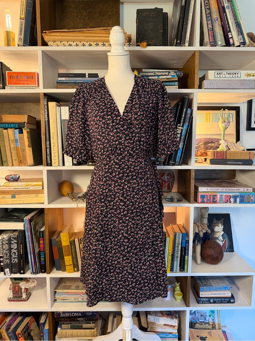 Women's Blue Wrap Dress with Pink Accents